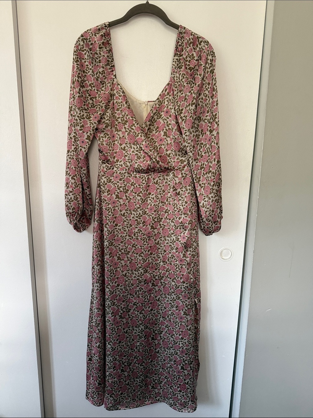 All in Favor Pink Vine Floral Midi Dress Long Sleeve Front Slit Size Small